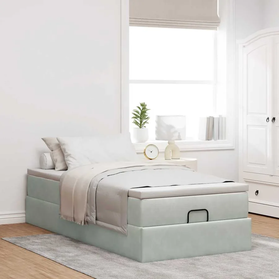Cadre de lit ottoman et matelas gris clair 90x200 cm velours - 3