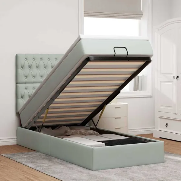 Cadre de lit ottoman et matelas gris clair 90x200 cm velours