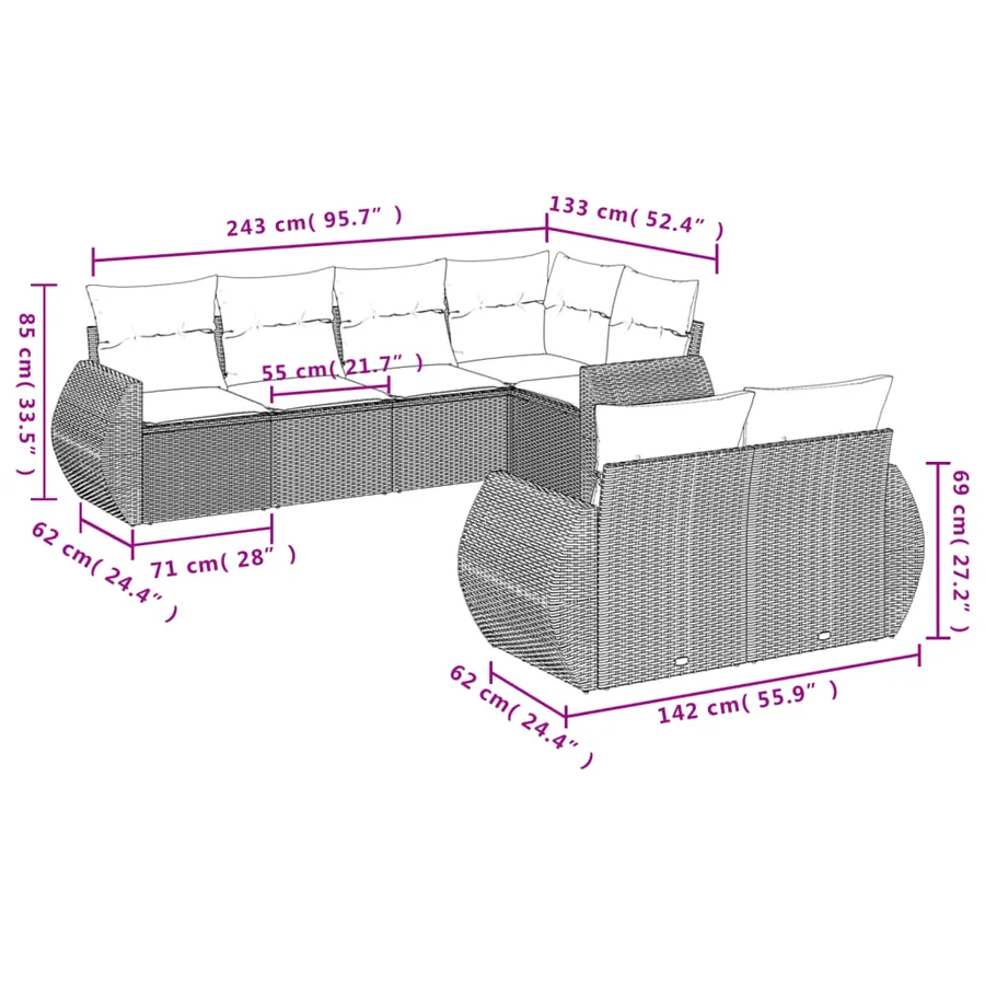 Salon de jardin avec coussins 7 pcs marron résine tressée - 7