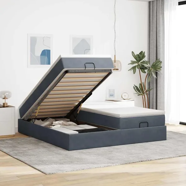 Cadre de lit ottoman avec matelas gris foncé 160x200cm velours