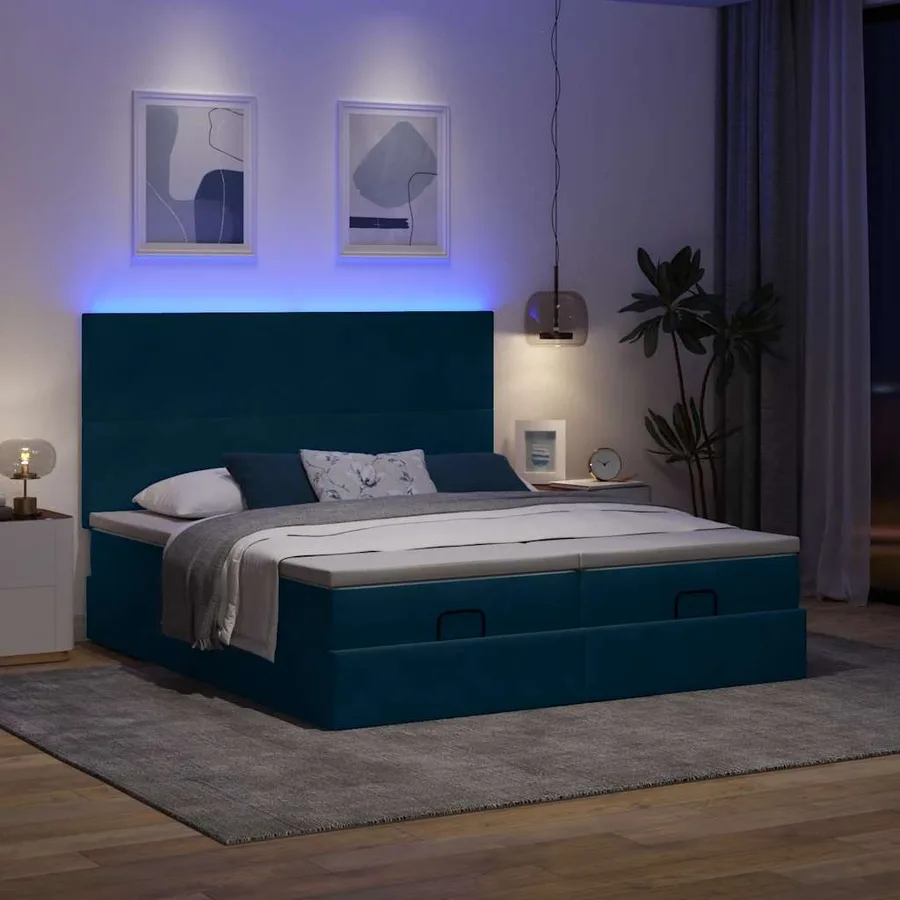 Cadre de lit ottoman avec matelas bleu foncé 160x200 cm velours - 3