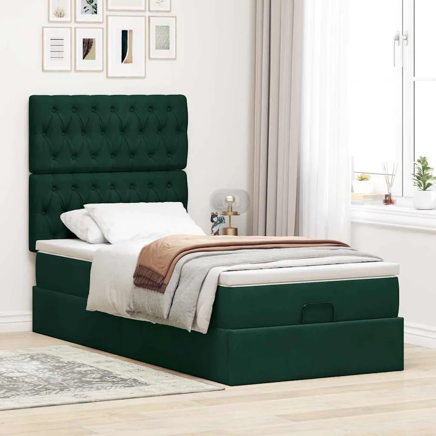 Cadre de lit ottoman avec matelas vert foncé 80x200 cm velours - 3