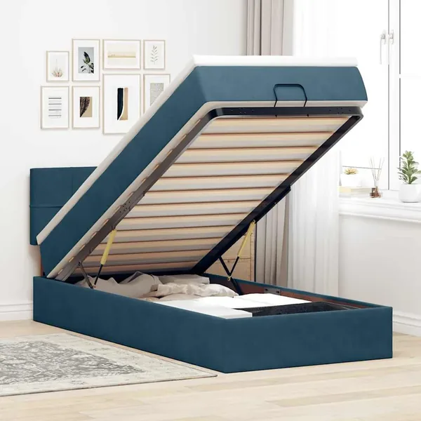 Cadre de lit ottoman avec matelas bleu foncé 80x200 cm velours