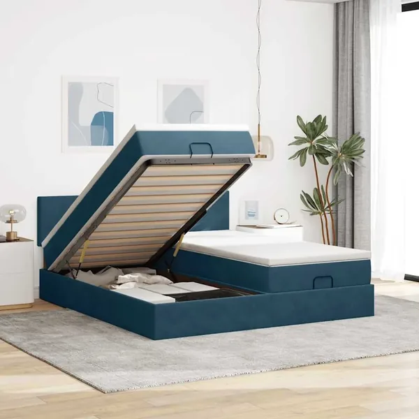 Cadre de lit ottoman avec matelas bleu foncé 160x200 cm velours