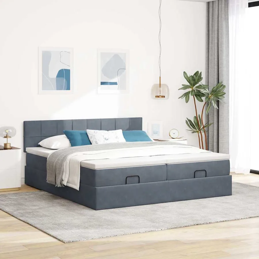 Cadre de lit ottoman avec matelas gris foncé 160x200cm velours - 4