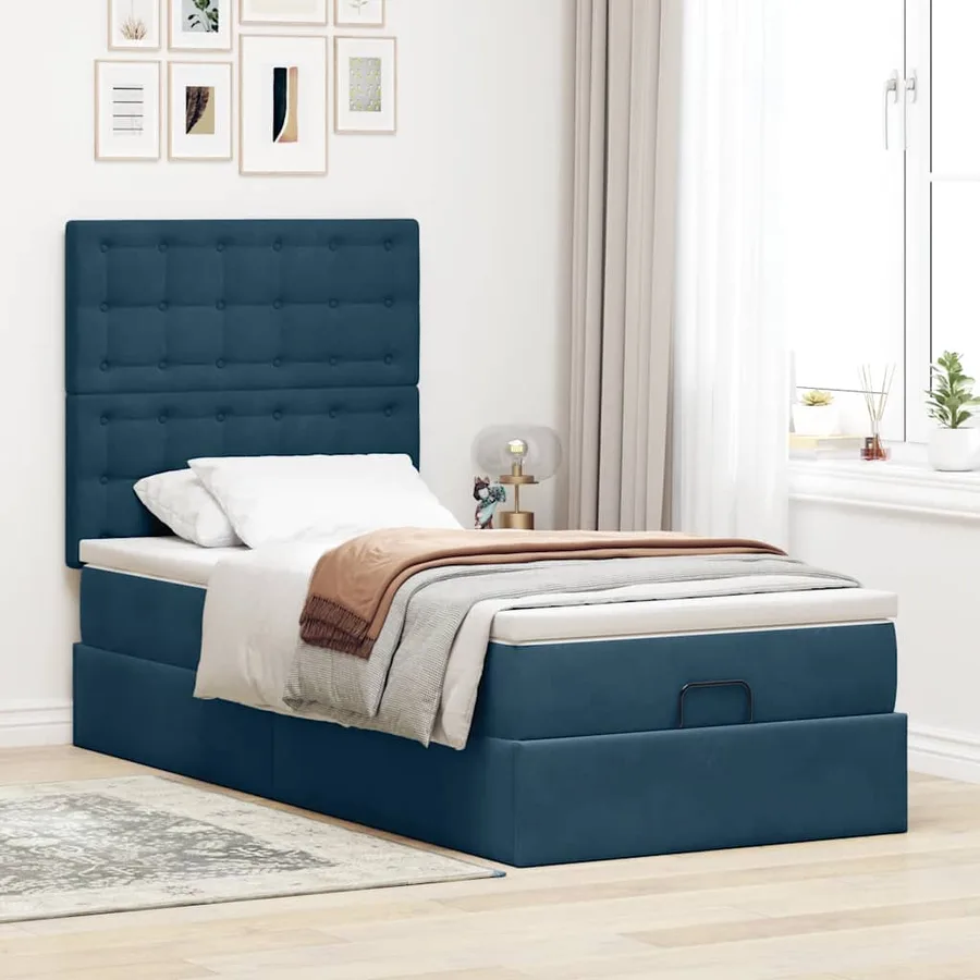 Cadre de lit ottoman avec matelas bleu foncé 80x200 cm velours - 3
