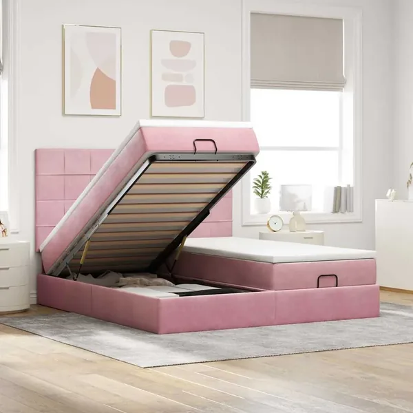 Cadre de lit ottoman avec matelas rose 160x200 cm velours