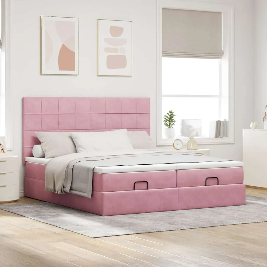 Cadre de lit ottoman avec matelas rose 160x200 cm velours - 4