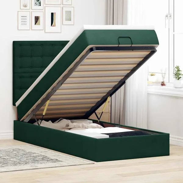 Cadre de lit ottoman avec matelas vert foncé 90x190 cm velours