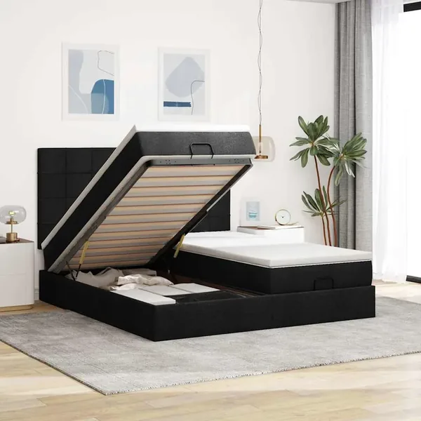 Cadre de lit ottoman avec matelas noir 160x200 cm tissu