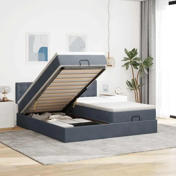 Cadre de lit ottoman avec matelas gris foncé 180x200cm velours