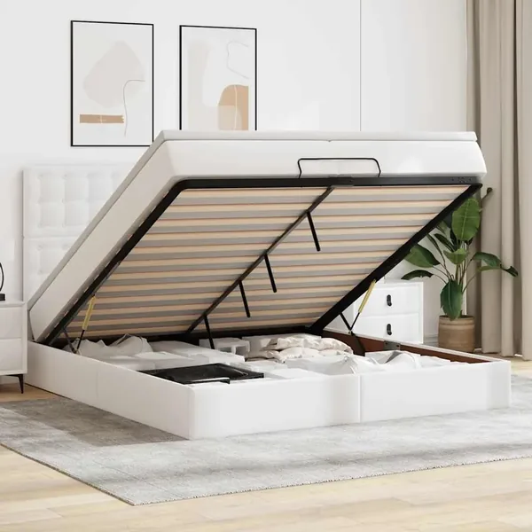 Cadre de lit ottoman avec matelas blanc 200x200 cm similicuir