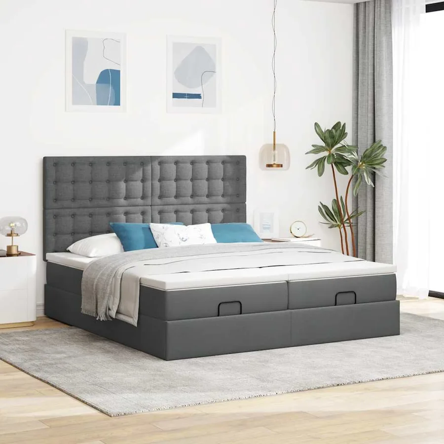 Cadre de lit ottoman avec matelas gris foncé 160x200cm tissu - 3