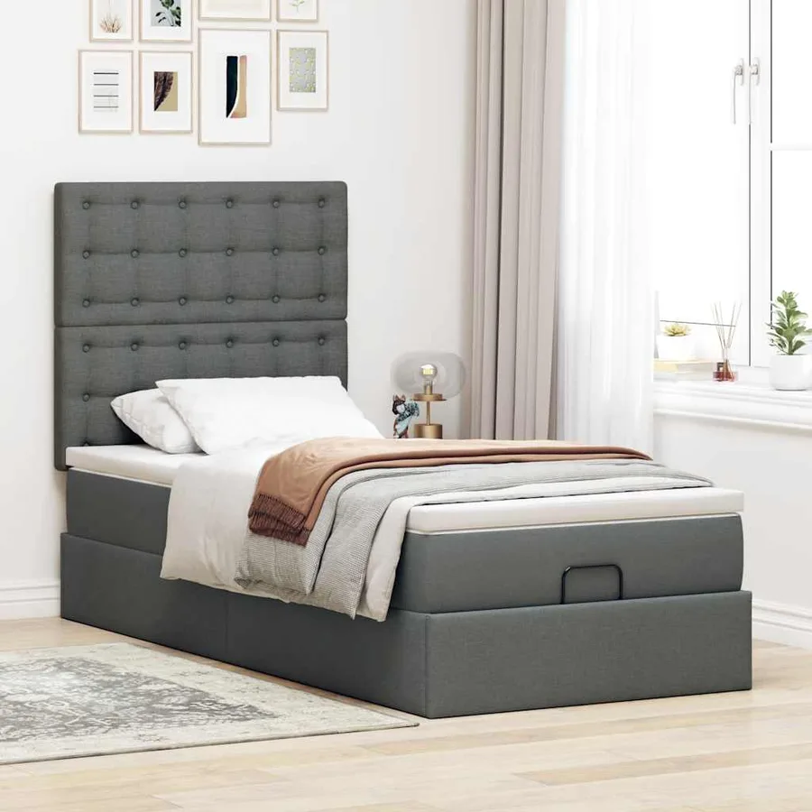 Cadre de lit ottoman avec matelas gris foncé 80x200 cm tissu - 3