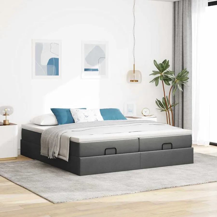Cadre de lit ottoman avec matelas gris foncé 160x200cm tissu - 3