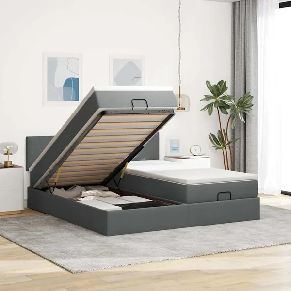 Cadre de lit ottoman avec matelas gris foncé 160x200cm tissu