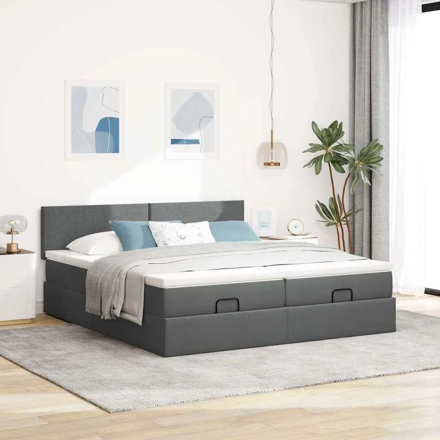 Cadre de lit ottoman avec matelas gris foncé 160x200cm tissu - 4