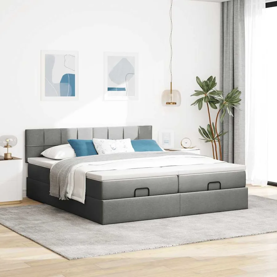 Cadre de lit ottoman avec matelas gris foncé 160x200cm tissu - 4