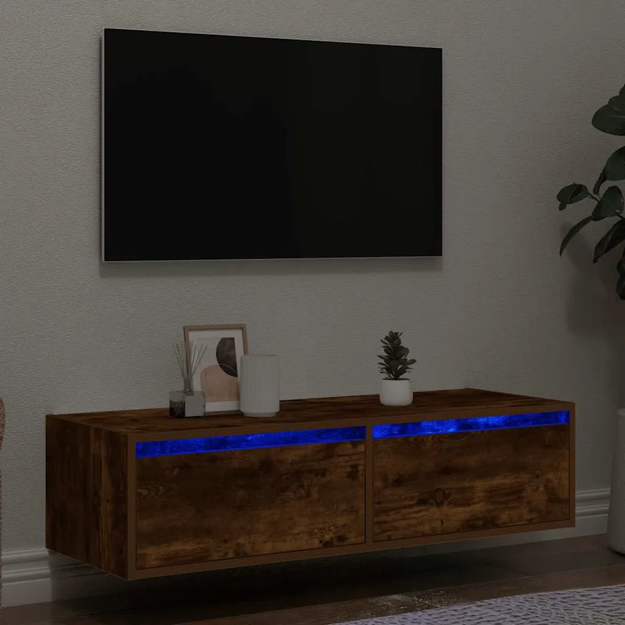 Meuble TV avec lumières LED chêne fumé 100X35,5x25 cm