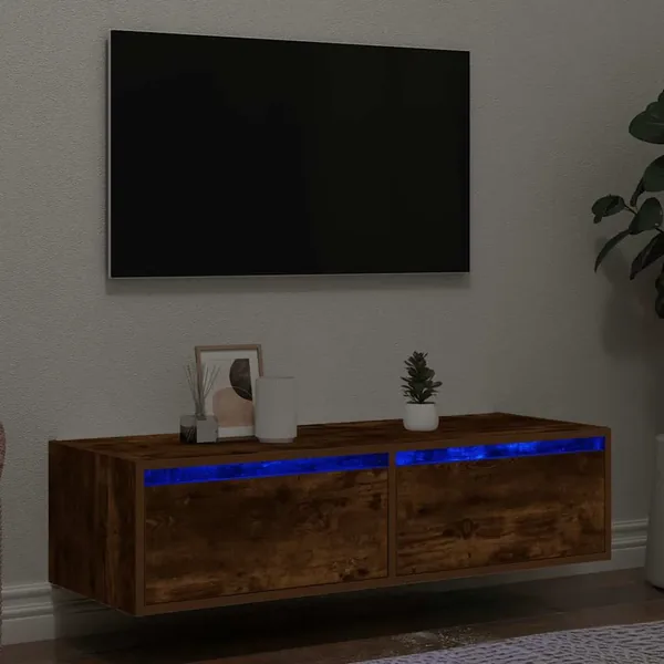 Meuble TV avec lumières LED chêne fumé 100X35,5x25 cm