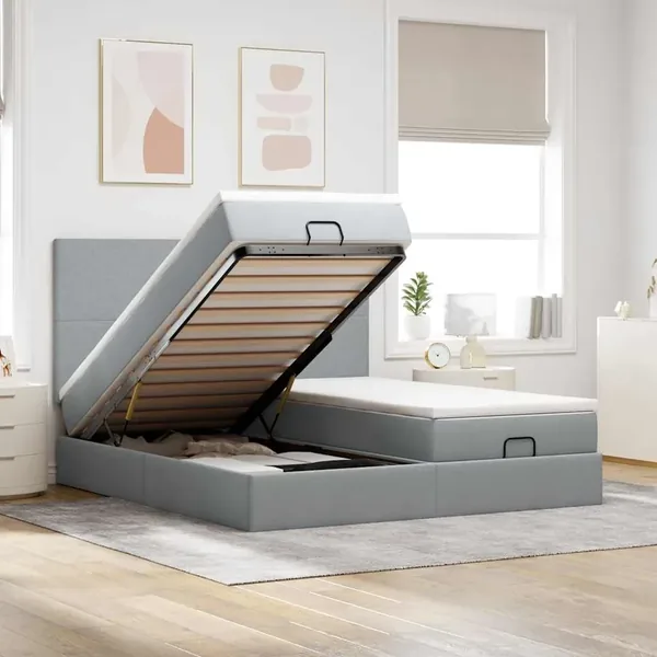 Cadre de lit ottoman et matelas gris clair 160x200cm tissu
