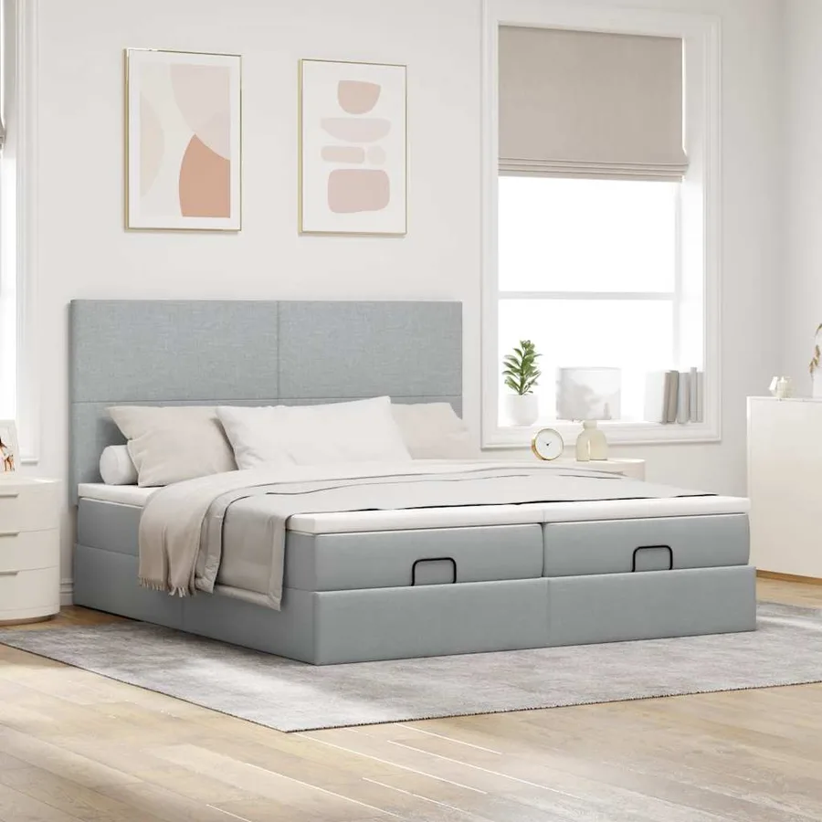 Cadre de lit ottoman et matelas gris clair 160x200cm tissu - 3