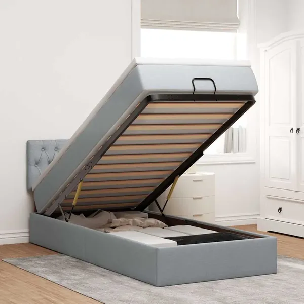 Lit ottoman avec matelas et LED Gris clair 80x200cm tissu