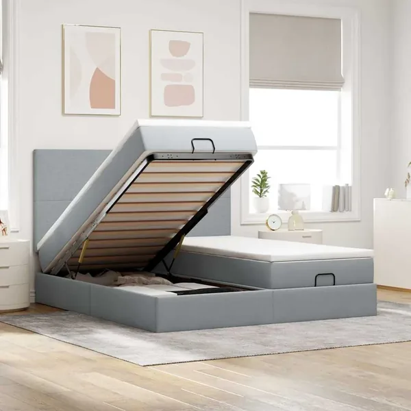 Cadre de lit ottoman et matelas gris clair 160x200cm tissu