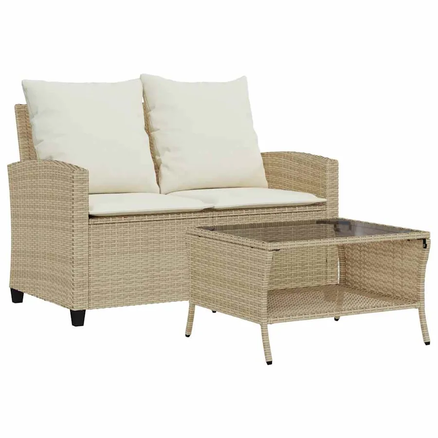 Canapé de jardin 2places coussins et table beige résine tressée - 2