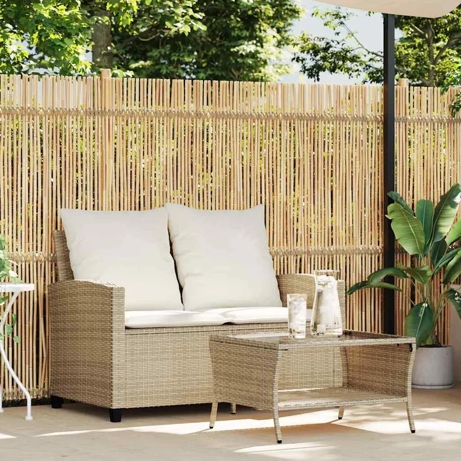 Canapé de jardin 2places coussins et table beige résine tressée - 3
