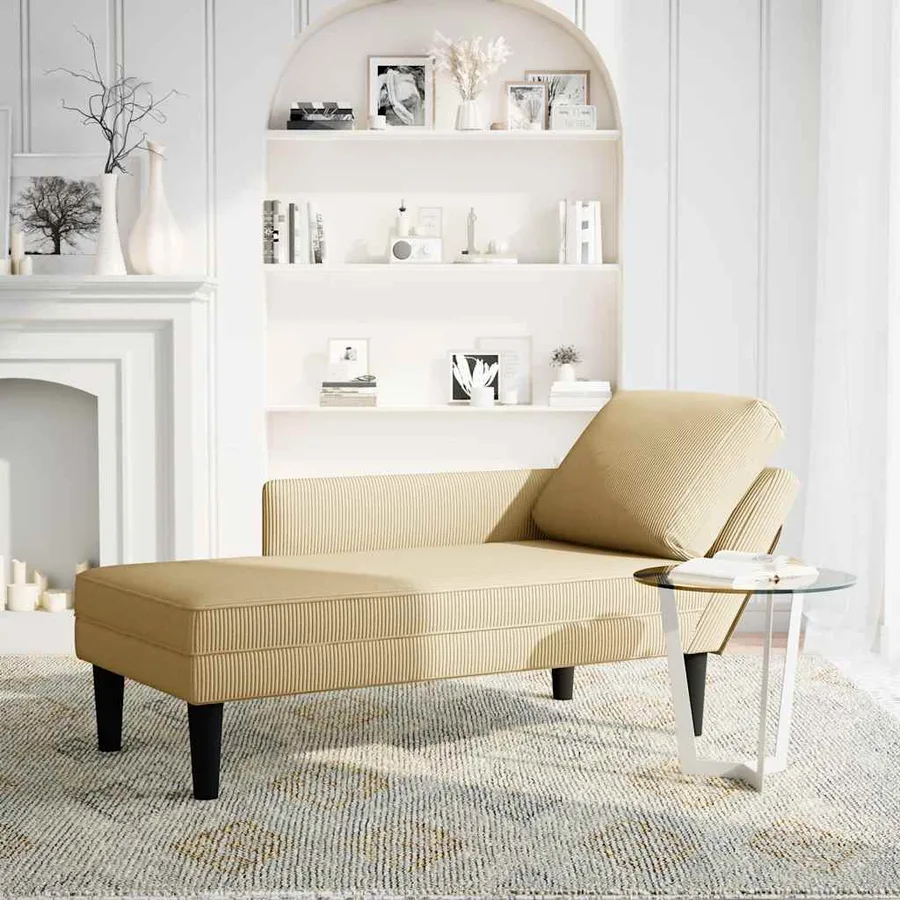 Chaise longue avec coussin tissu en velours côtelé gris-vert - 2