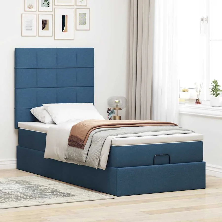 Cadre de lit ottoman avec matelas bleu 90x190 cm tissu - 4