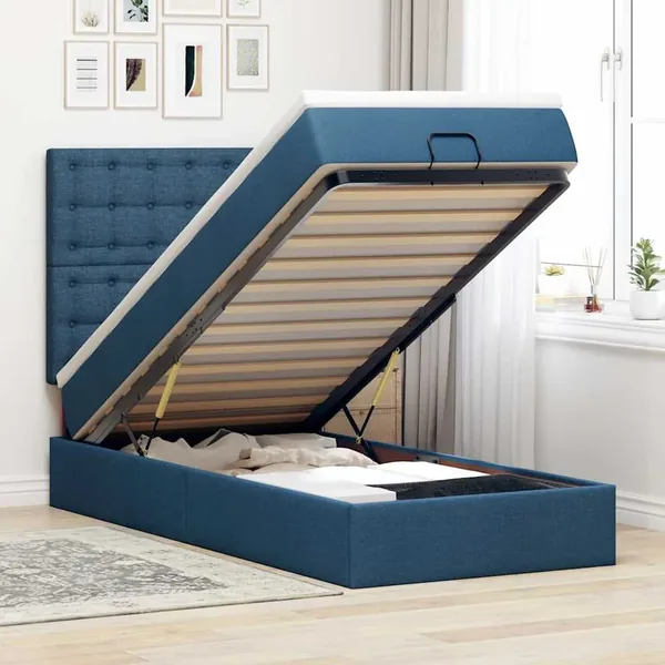Cadre de lit ottoman avec matelas bleu 90x190 cm tissu