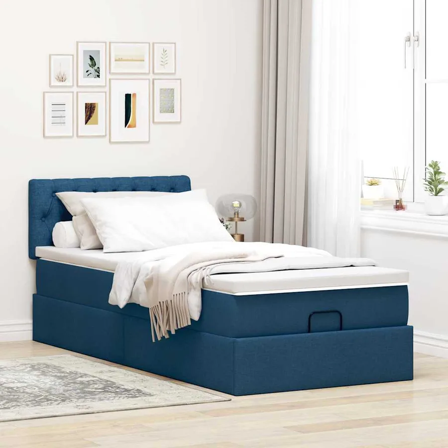 Cadre de lit ottoman avec matelas bleu 90x190 cm tissu - 4