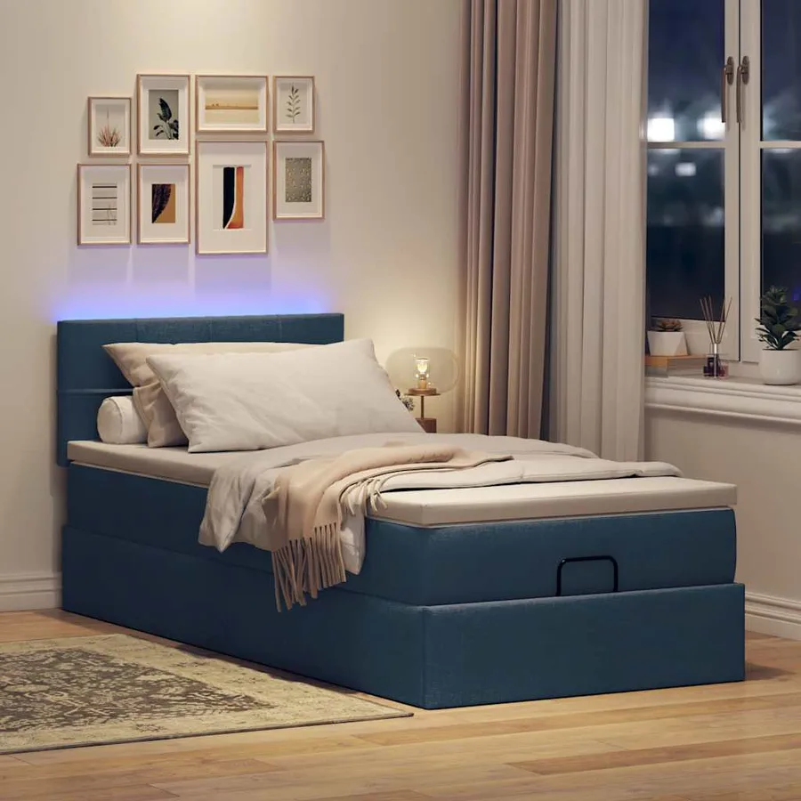 Cadre de lit ottoman avec matelas bleu 90x190 cm tissu - 3