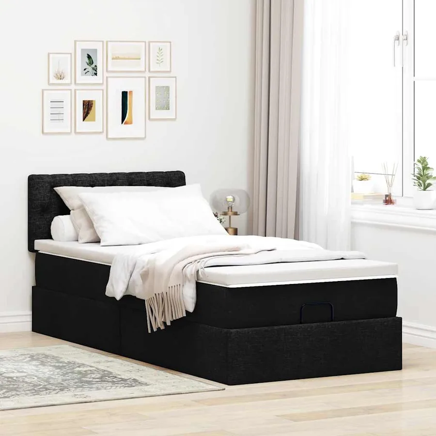 Cadre de lit ottoman avec matelas noir 90x190 cm tissu - 3