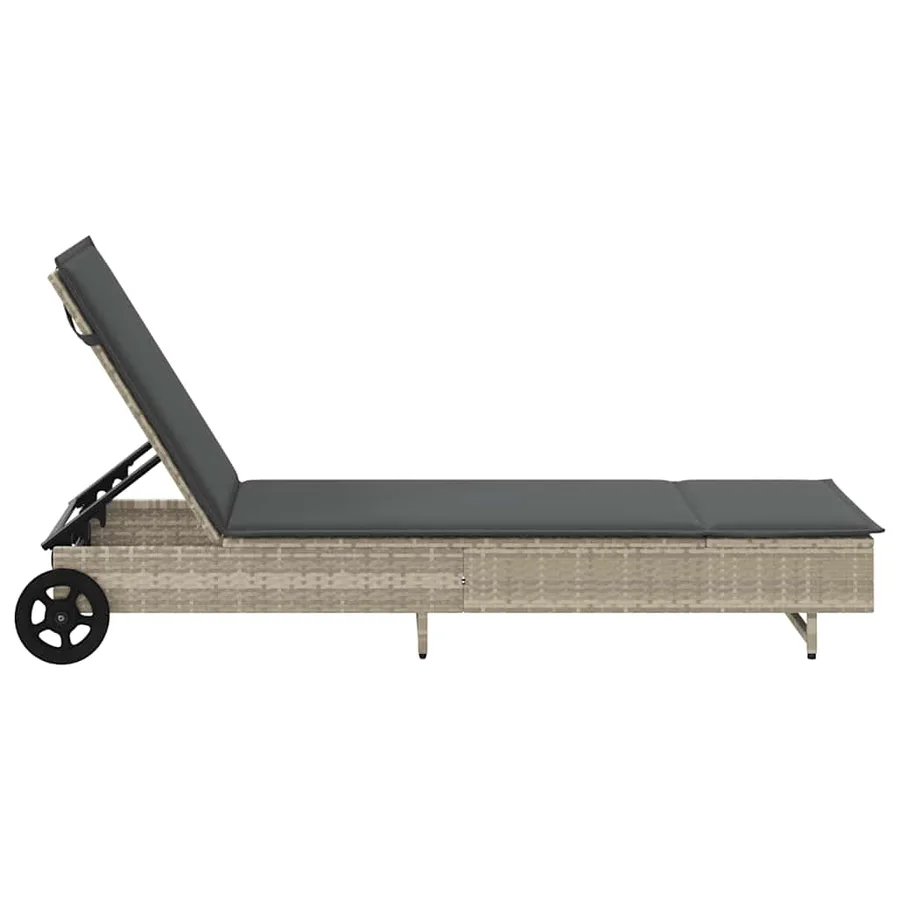 Chaise longue avec roues et coussins gris clair résine tressée - 7
