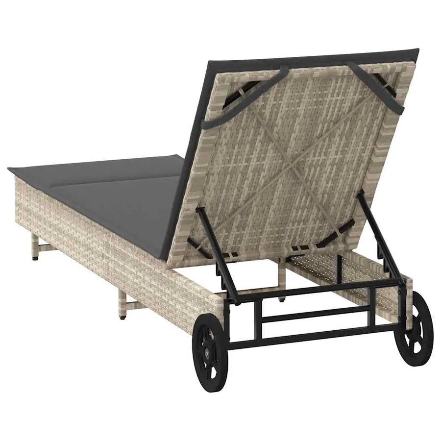 Chaise longue avec roues et coussins gris clair résine tressée - 8
