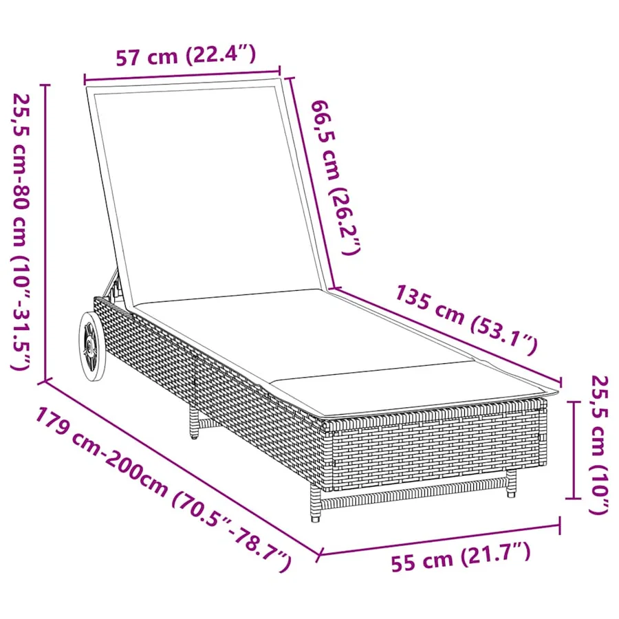 Chaise longue avec roues et coussin noir résine tressée - 12