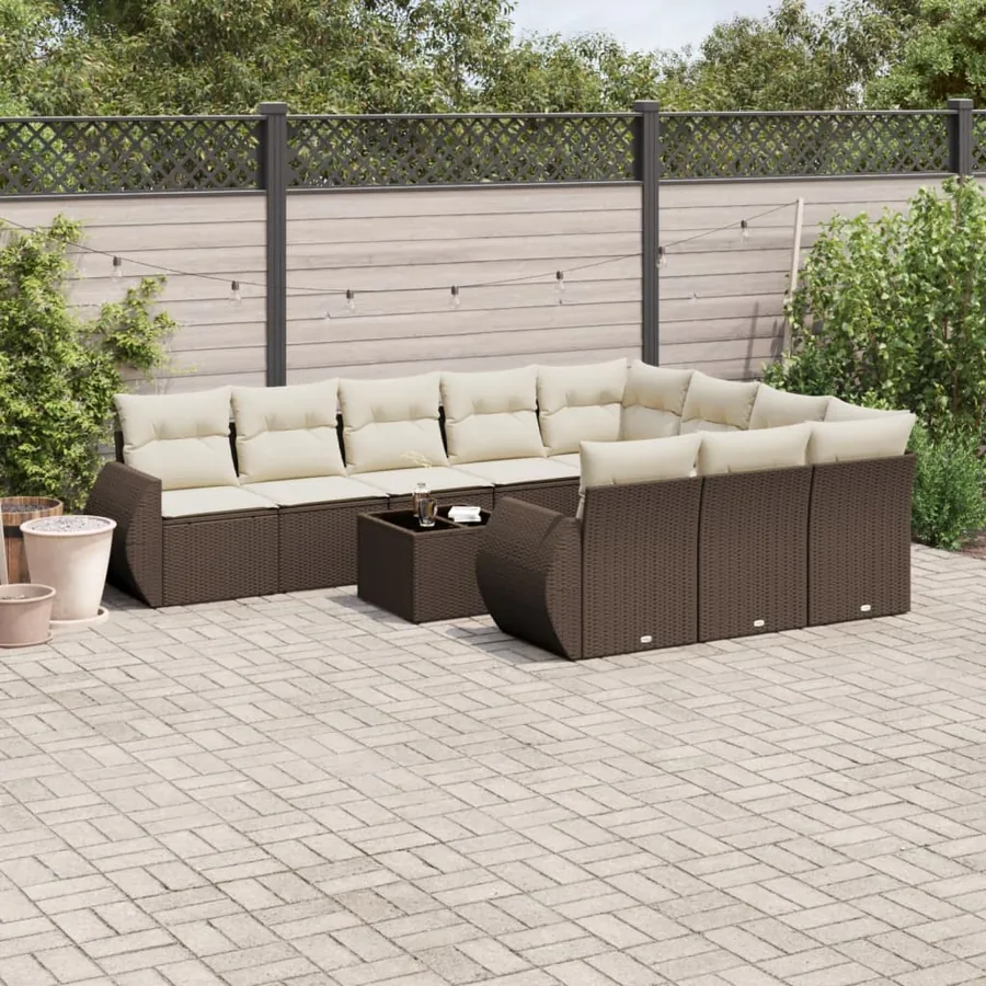 Salon de jardin et coussins 11 pcs marron résine tressée