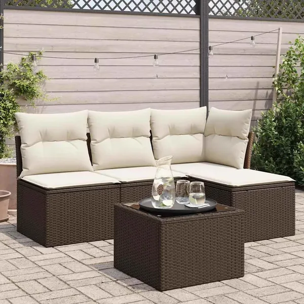 Salon de jardin avec coussins 5 pcs marron résine tressée