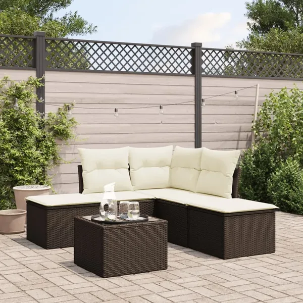 Salon de jardin avec coussins 6 pcs marron résine tressée
