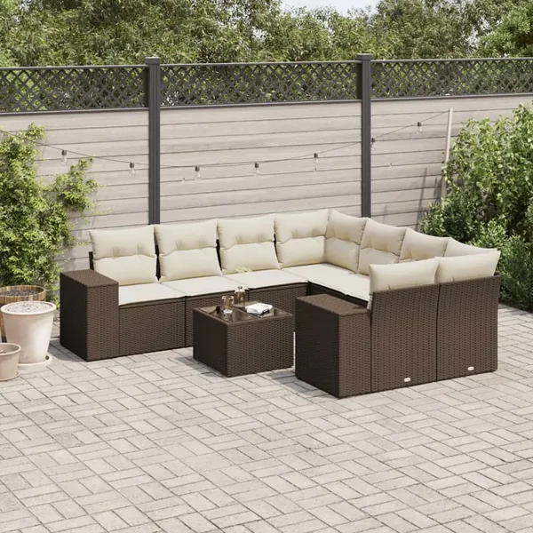 Salon de jardin avec coussins 9 pcs marron résine tressée