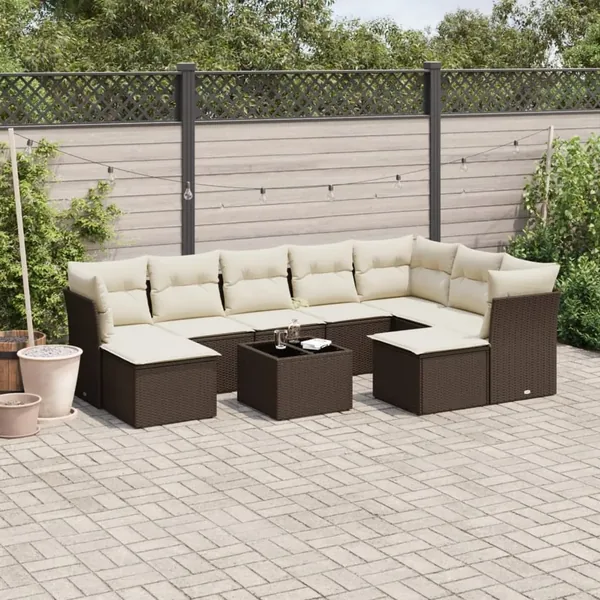 Salon de jardin 10 pcs avec coussins marron résine tressée