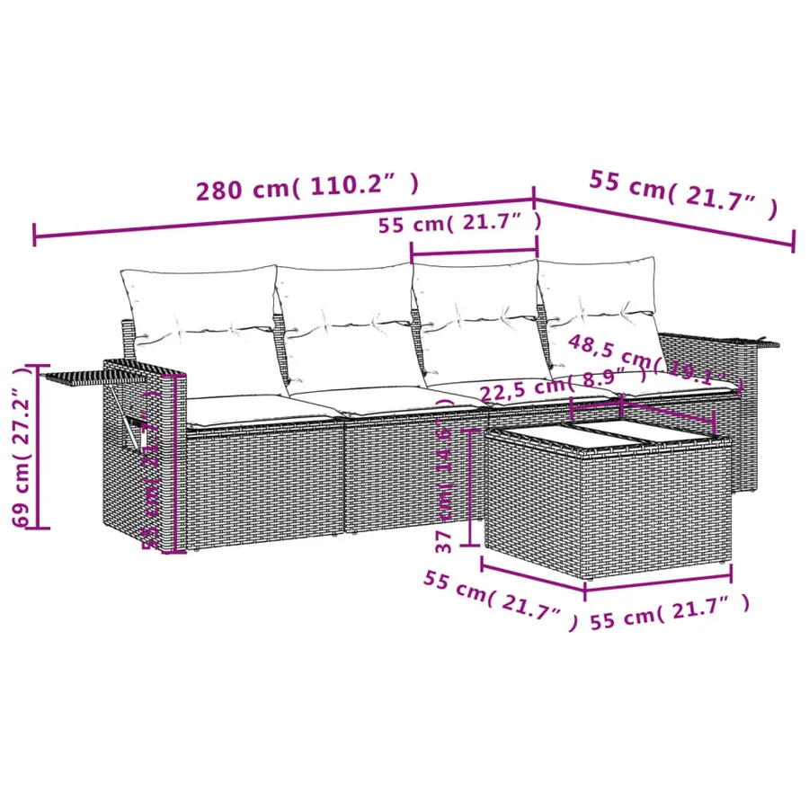 Salon de jardin avec coussins 5 pcs marron résine tressée - 3