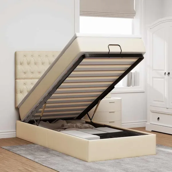Cadre de lit ottoman avec matelas crème 90x190 cm tissu