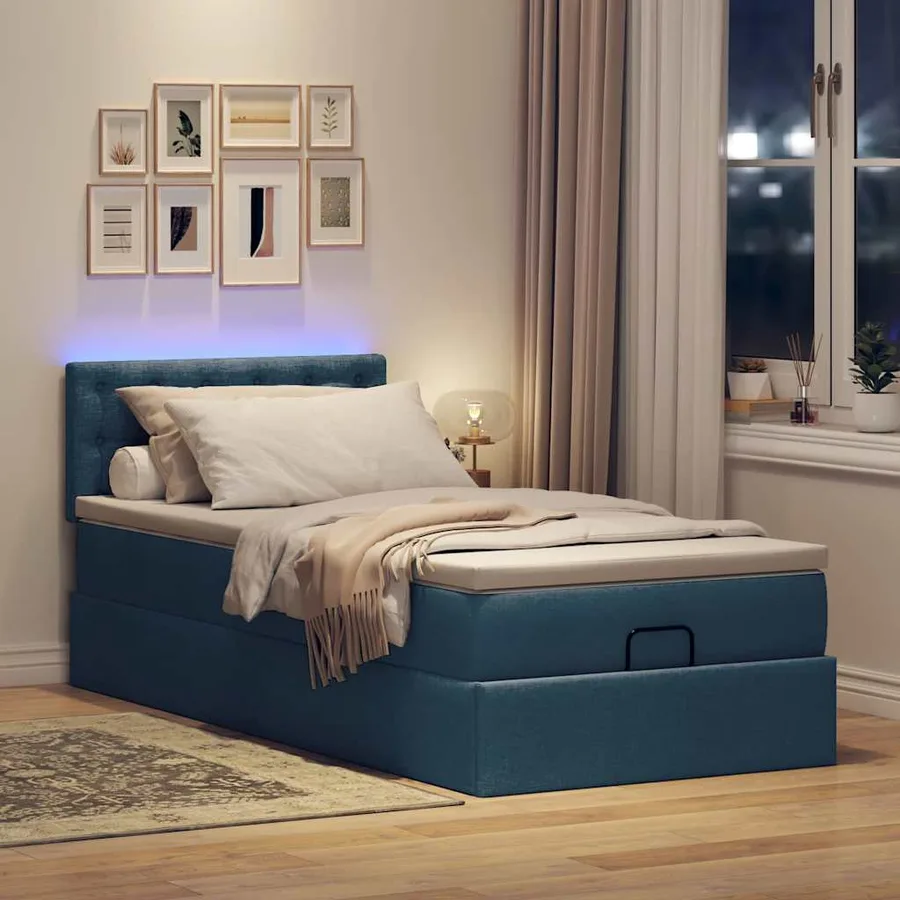 Cadre de lit ottoman avec matelas bleu 80x200 cm tissu - 3