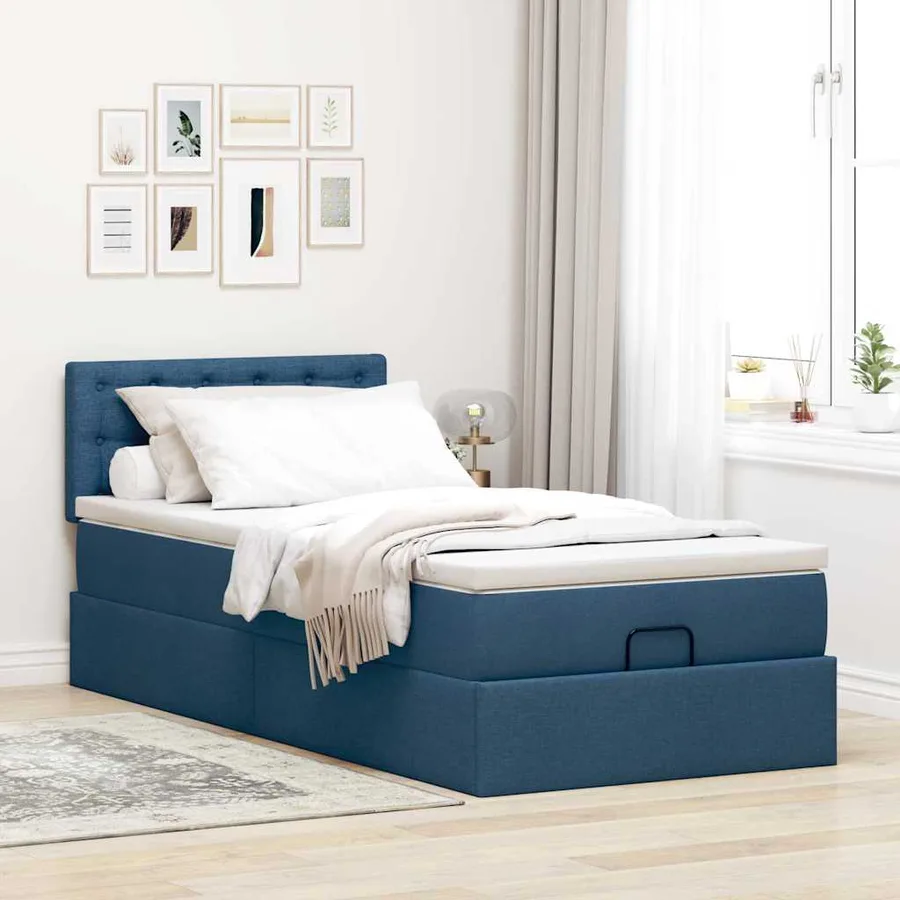 Cadre de lit ottoman avec matelas bleu 80x200 cm tissu - 6
