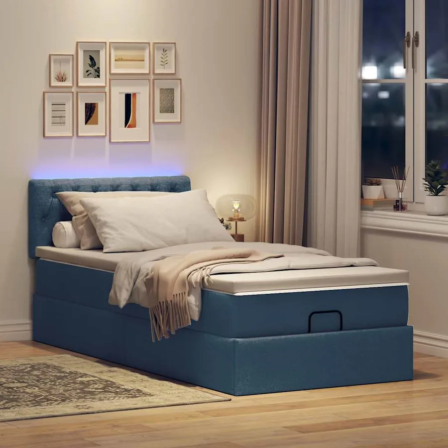 Cadre de lit ottoman avec matelas bleu 80x200 cm tissu - 3