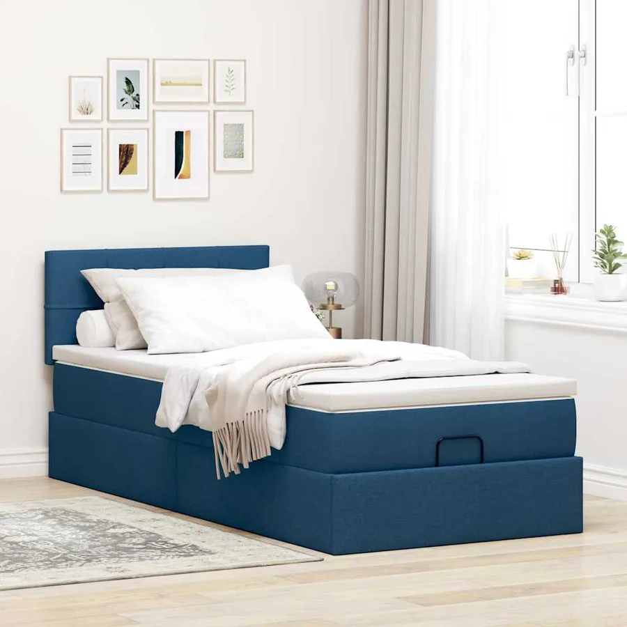 Cadre de lit ottoman avec matelas bleu 80x200 cm tissu - 4